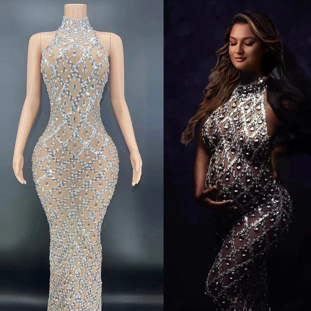 MQTIME - Embellished Maternity dress for pregnancy photoshoot Sexy sparkling Rhinestone Ladies evening sleeveless Dresses