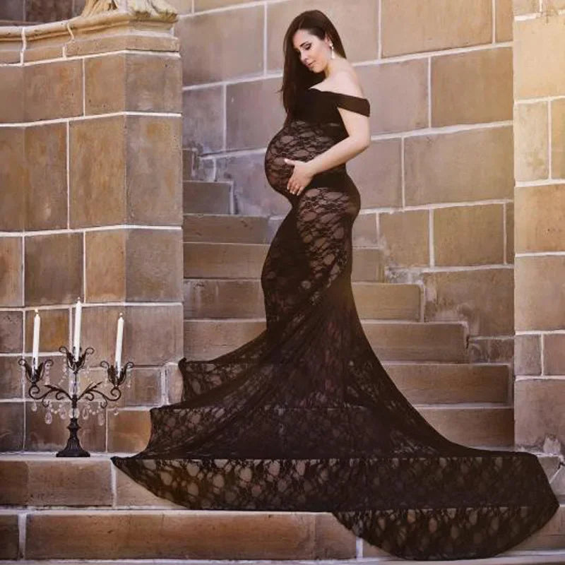 nvxiot - Lace Maternity Gown Dress Pregnant Clothes Photography Props Perspective Sexy Photo Shoot Women Trailing Dress Mother Vestidos