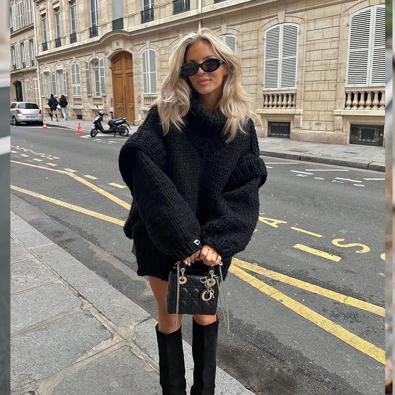 nvxiot New Women Sweater Pullover Knit Sweater Fluffy Long Sleeve Tops Winter Oversized High Neck Warm Thickened Sweater for Women