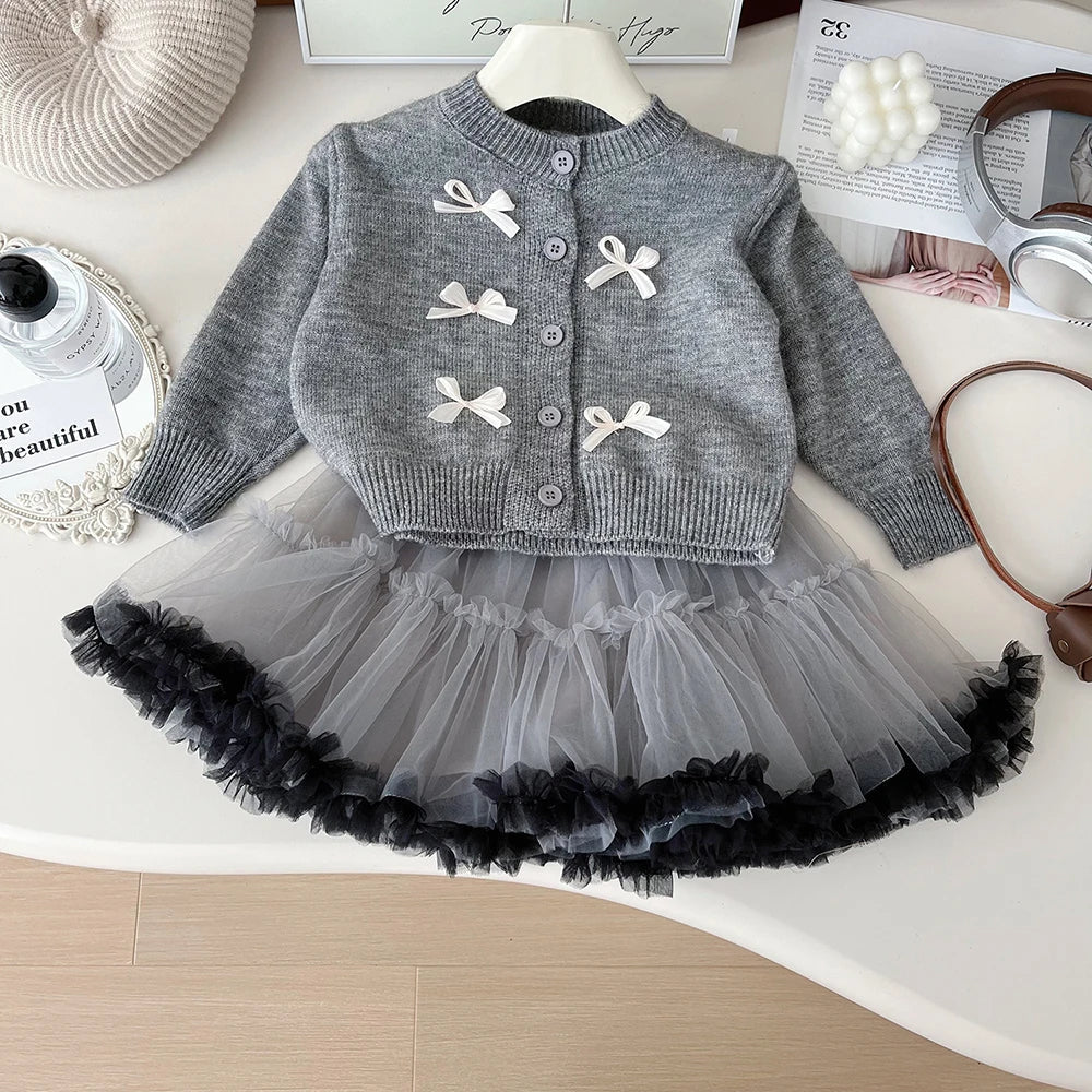 MQTIME - 2-7Y Girls' Sweater Set 2024 New Autumn Children's Knitted Cardigan Coat Tulle Skirts 2 Pcs Kid's Outfit