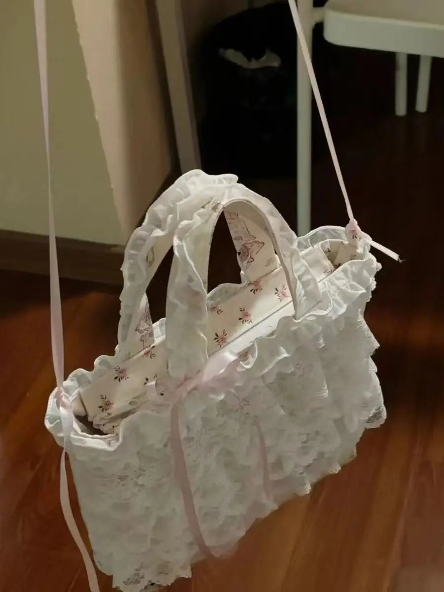 nvxiot - Sweet Lace Y2k Hand Bag Women Hot Girls Bow Cute Canvas Bucket Bag Female Harajuku Fairycore Messenger Bag Bolso Mujer