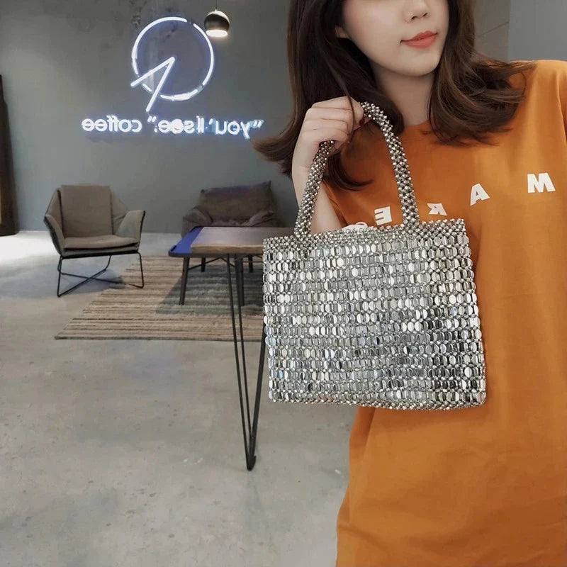 MQTIME - Vintage Handmade Ladies Handbag Weave Beaded Fashion Silver Color Shining Sequin Shoulder Bag Clutches Womens Party Handbag