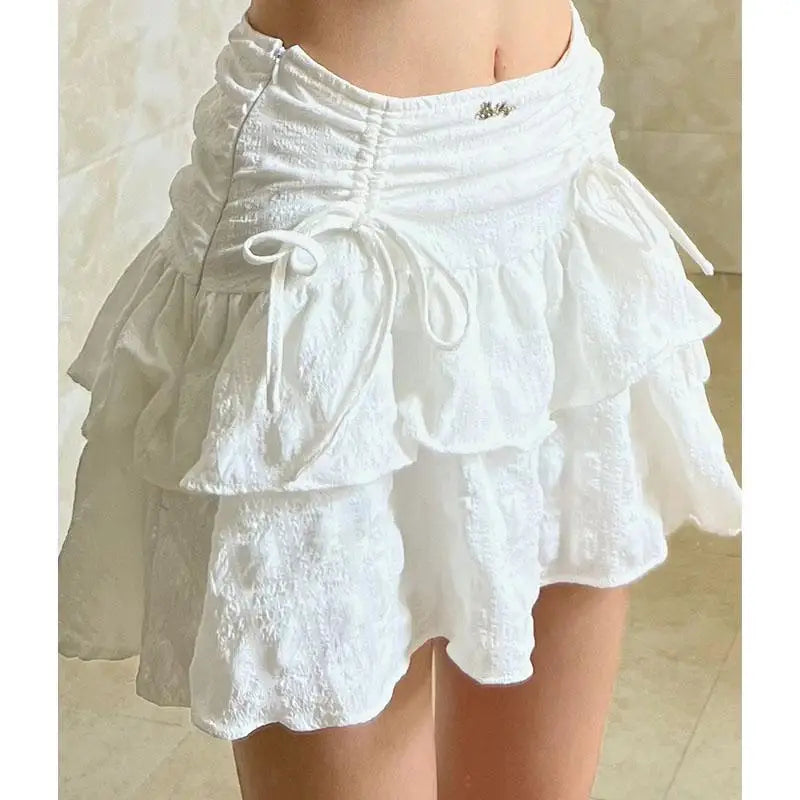 MQTIME - French Style White Mini Skirts Holiday Casual Kawaii High Waist A-line Skirt Sweet Girl Kpop Y2k Skirt for Women Summer