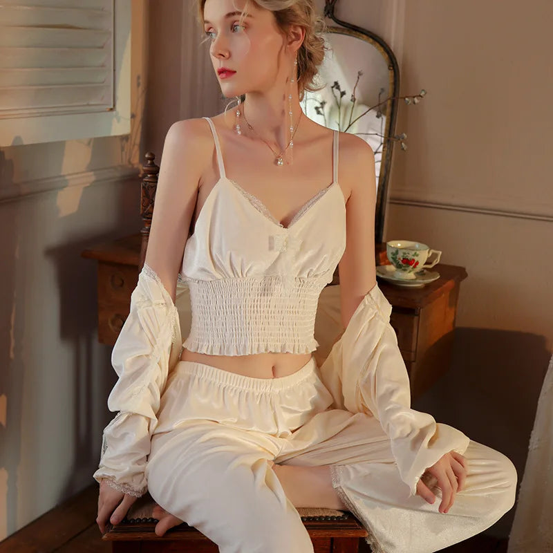 MQTIME - Women Long Sleeve Pajamas Sexy Lingerie White Velour Nightwear Sleepwear 3pcs Pajama Sets Pijama