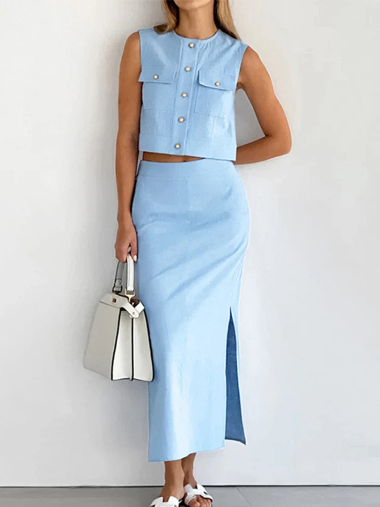 MQTIME - Elegant Two-piece Skirt Suit Women Casual Single Breasted Tops Elastic Waist Midi Skirt 2024 Summer Office Lady Slim Fit Outfits