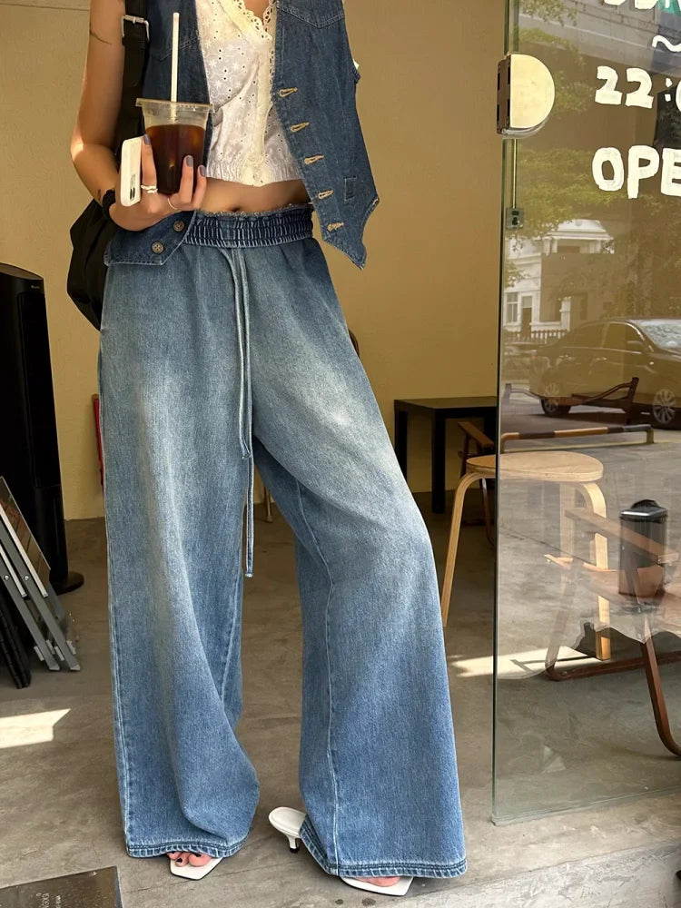 nvxiot - Washed Wide Leg Jeans For Women'S 2024 New Retro Loose Fitting And Slimming Casual Floor Long Pants
