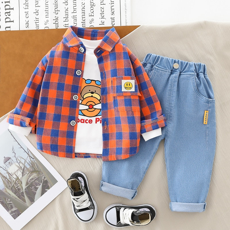 nvxiot Spring Autumn Children Boys 3PCS Clothing Set Plaid Shirts Cartoon Printed Sweatshirts Jeans Pants Baby Clothes Set