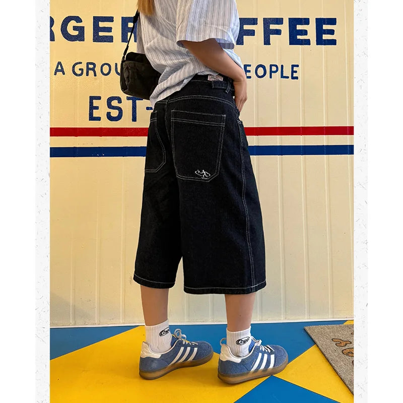nvxiot - Women's Shorts Summer Dark Blue High Waist Jeans Y2K Straight Knee Length Pants Classic Streetwear Vintage Wide Leg Denim Shorts