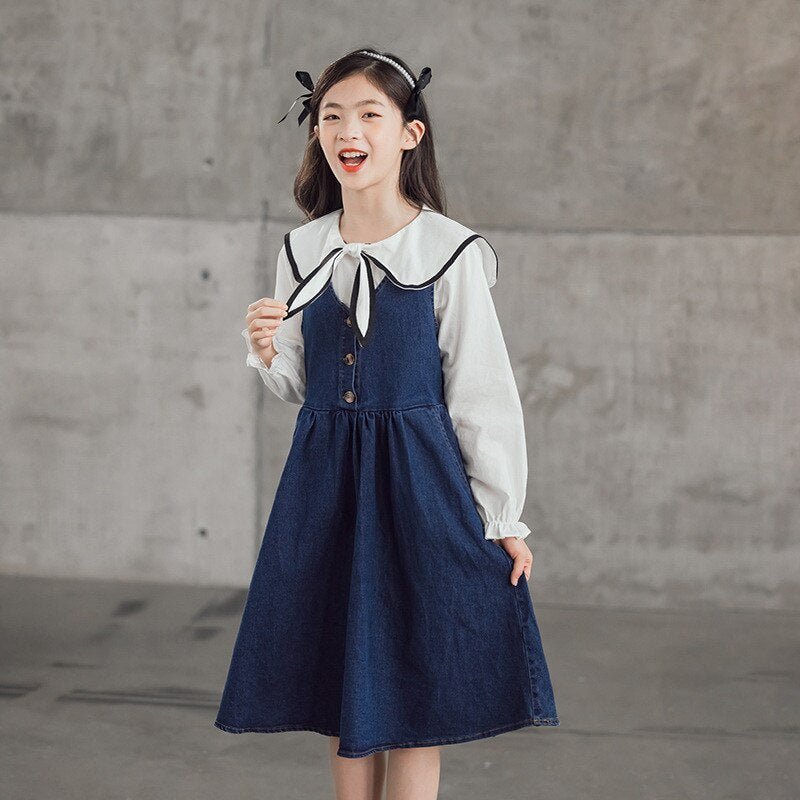nvxiot kids girls fall autumn denim jeans midi jumper dress 6 to 16 years child fashion V neck cotton buttoned overall dresses clothing