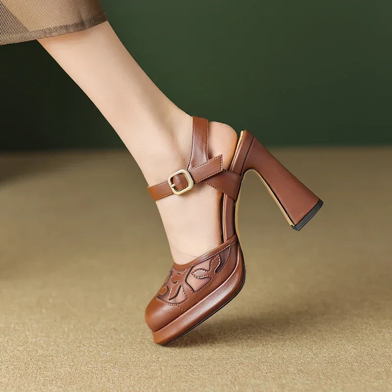 MQTIME - 2024 new summer women sandals natural Leather shoes 22-24.5cm cowhide/Sheep suede+pigskin full leather Hollow flower high heels