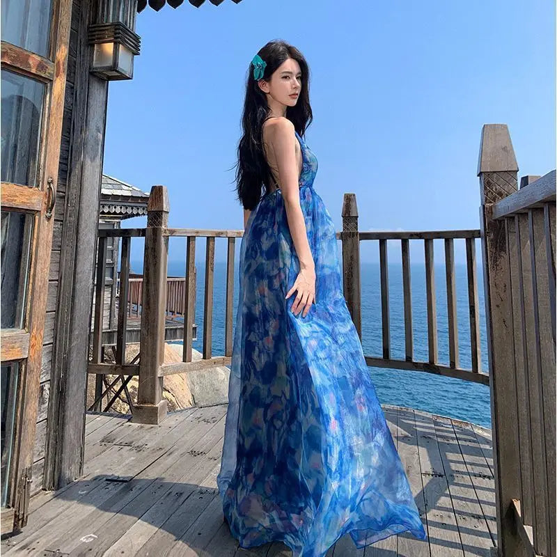 MQTIME - Floral Halter Dress Female Summer Dress Beach Holiday Beach Dress Fairy Dress Vibe Dress Casual Style Beach Dress