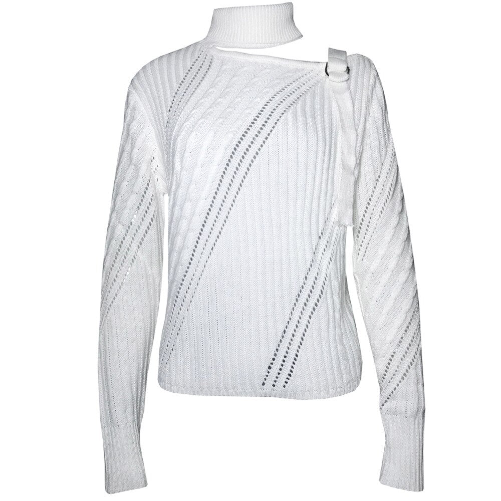 nvxiot knitted hollow out sweater pullovers female one shoulder belt turtleneck oversized sweater streetwear casual vintage top