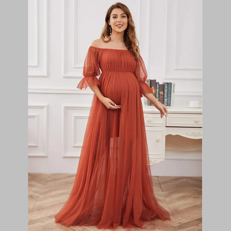 nvxiot - One Line Neck Maternity Ceremonial Dresses Short Sleeved Gauze Solid Color Long Pregant Dress Classic Cozy Photography Clothing