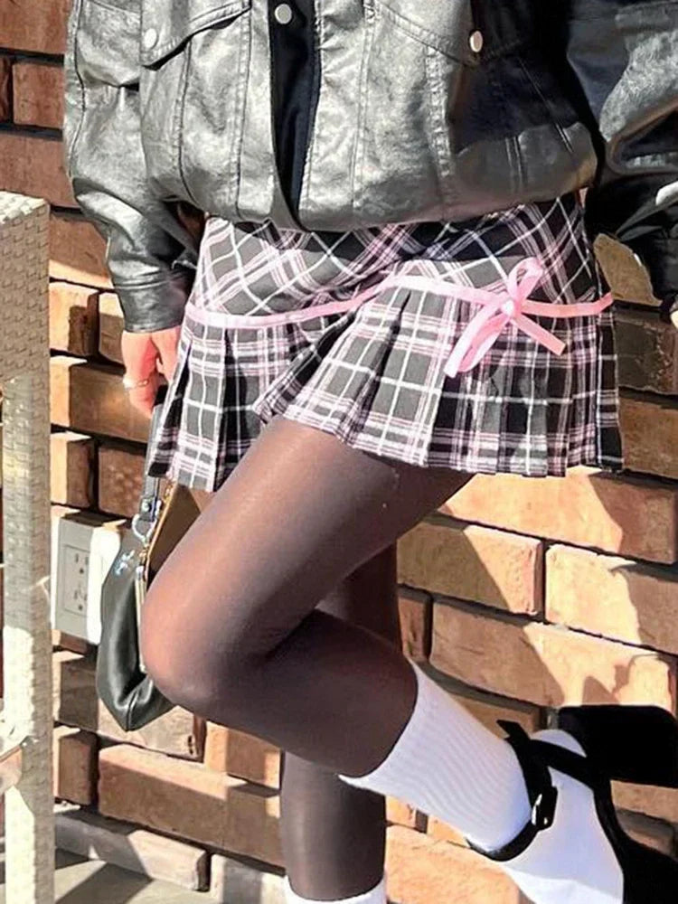 MQTIME - Pink Ribbon Bow Plaid A-line Pleated Mini Skirt Short Skirts @e-girl harajuku fairycore 2000s grunge goth aesthetic korean cloth