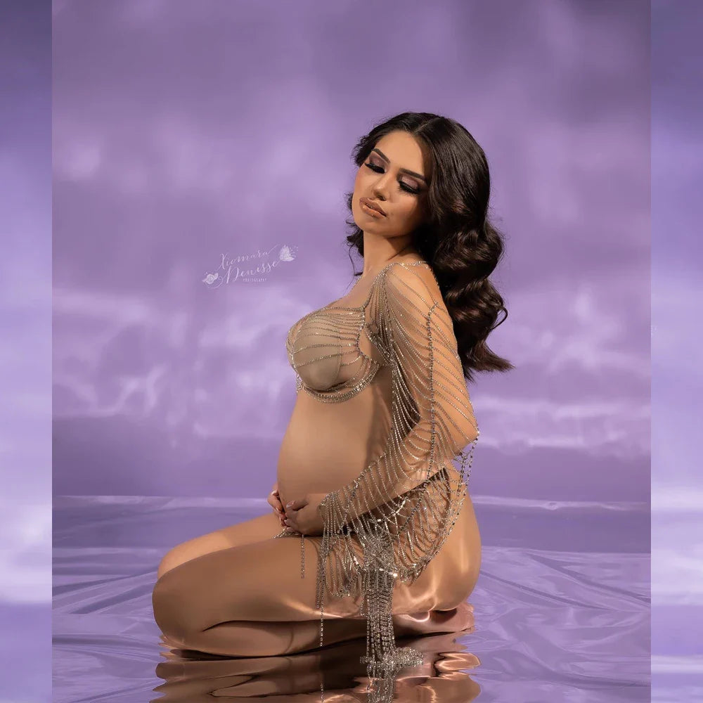 nvxiot - Sexy Luxury Maternity Photography Props Dresses Shiny Body Chain Rhinestone Tassel Skirt Photography Studio Accessories