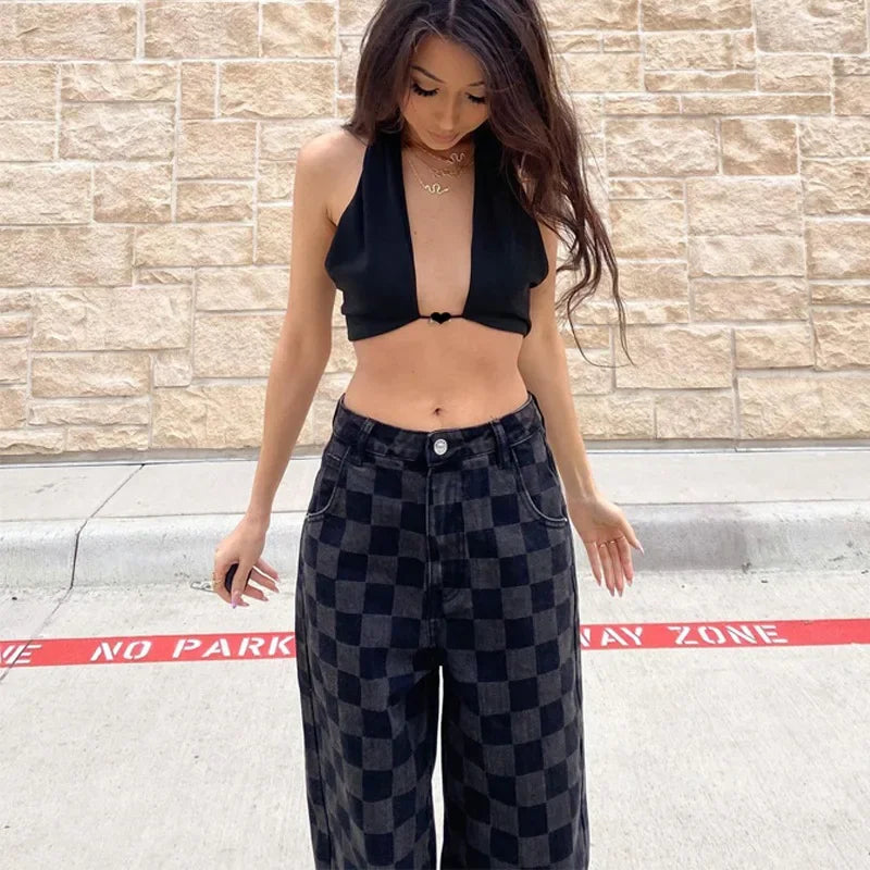 nvxiot - Plaid Punk Gothic Grunge Pants Hip Hop Wide Leg High Waist Women Trouser Black Loose Fashion Streetwear E Girl Pants Autumn