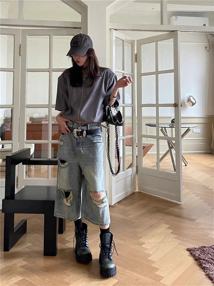 nvxiot - Women's High Waisted Hole Wide Leg Cropped Jeans Summer New Street Style Thin Denim Shorts Casual Female Straight 5/4 Hot Pants