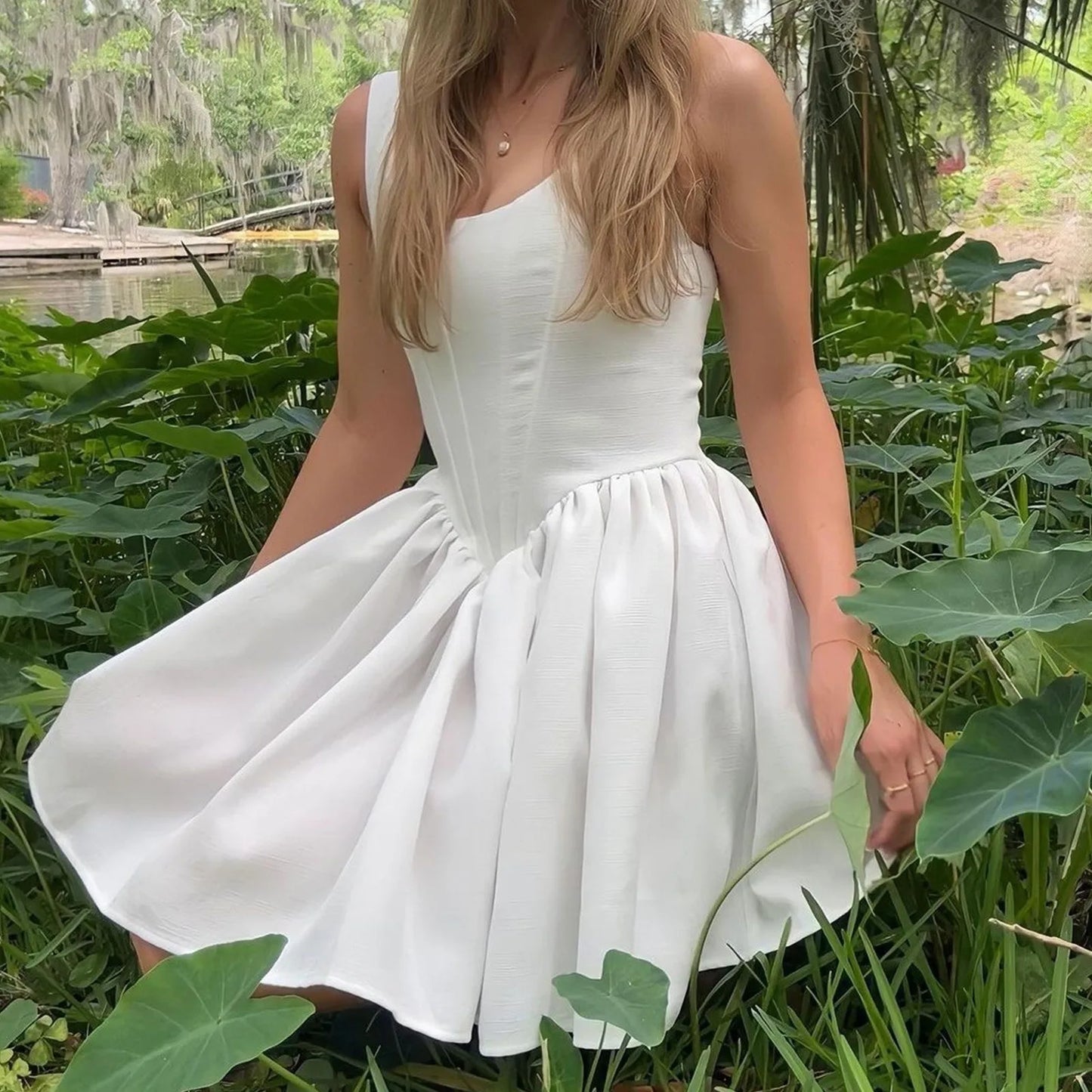 MQTIME - Summer Backless White Corset Fishbone Mini Dresses Women Sexy Tunic Waist Swing Birthday Dress Female Holiday Party Dresses