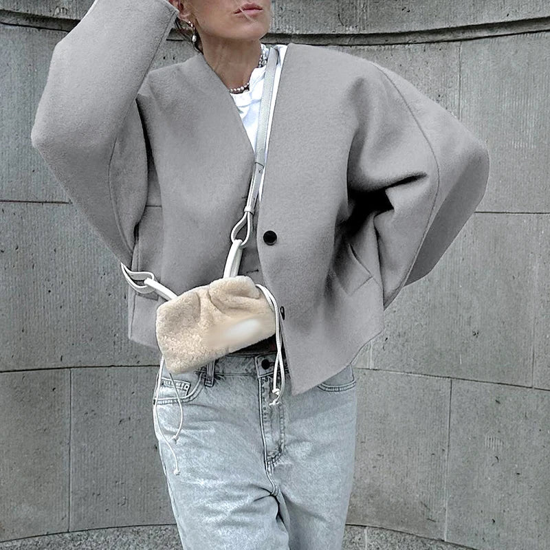 nvxiot Vintage Woolen Oversized Short Overcoat Jacket Women Fashion Button V-Neck Long Sleeved Coats Winter Loose Street Outerwear