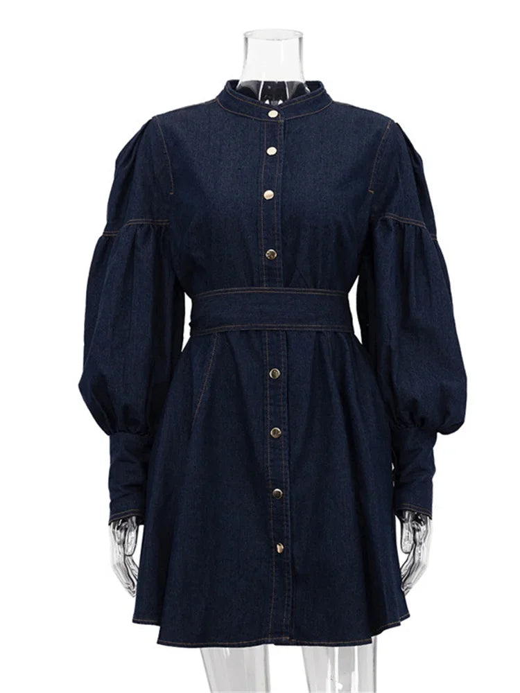 MQTIME - Fashion Lace-Up Denim Mini Dress For Women Patchwork High Waist Bandage Jean Streetwear Female Slim Casual Dress Autumn