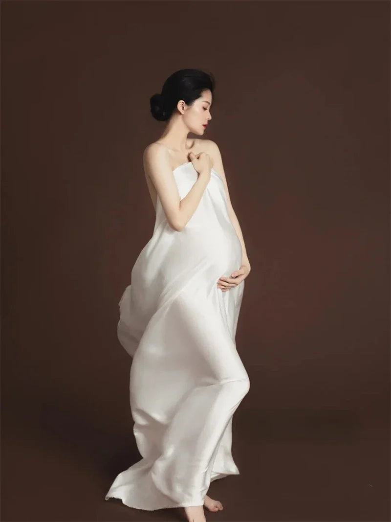 nvxiot - White Maternity Photography Props Maxi Maternity Gown Silk Cloth Maternity Dress Elegant Satin Shooting Photo Pregnant Dress Plu