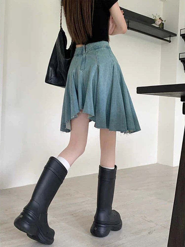 MQTIME - Vintage Irregular Denim Skirt Y2k High Wasit Pleated A-line Summer Skirts for Women Sexy Girl Washed Aesthetics Clothes