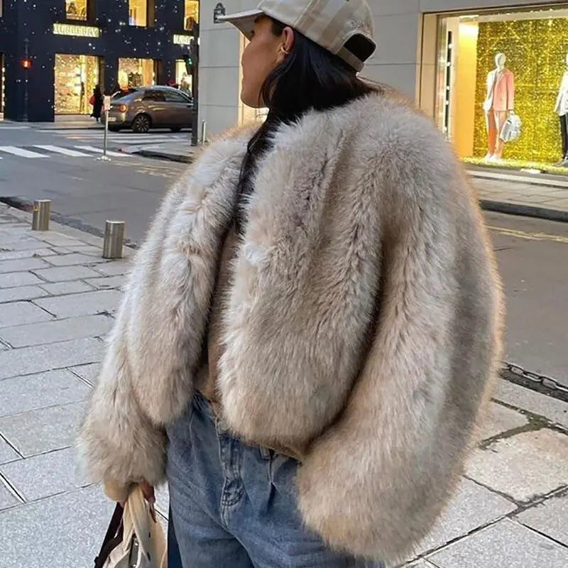 MQTIME - Fashion Faux Fur Jacket Coat Women Warm Fluffy Loose Long Sleeve V-neck Female Cardigan Winter Solid Lady Street Outwear