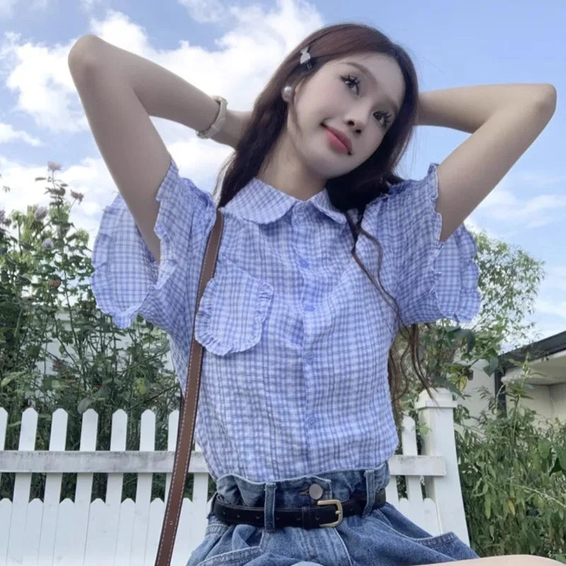 nvxiot - Japanese Style Short Sleeved Shirt for Women Spring Summer New Small Figure Niche Plaid Top Sweet Girls Blouse Cute Y2k Blusa