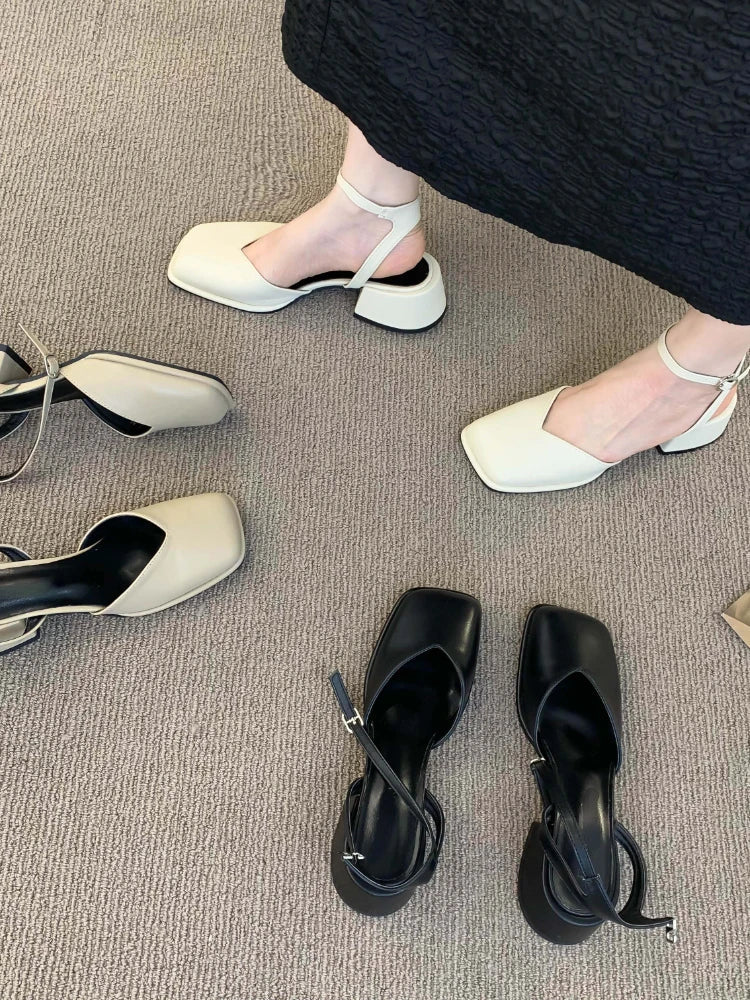 MQTIME - Summer Hollow Out Pure Color Sandals Woman Non Slip Casual Elegant Shoes Beach Korean Style Buckle Medium Heels Shoes Slim