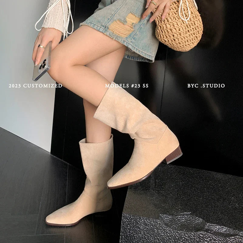 MQTIME - new Autumn winter women mid-calf boots plus size 22-26.5cm Elastic fabric+ cowhide Elastic boots pointed toe modern boots