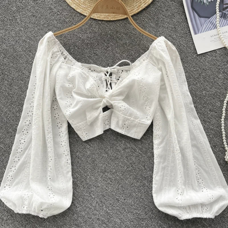 nvxiot - Summer Boho Style Women Shirts Retro Square Collar Long Sleeve Loose White Crop Top Lantern Sleeves Crocheted Hollow Blouse