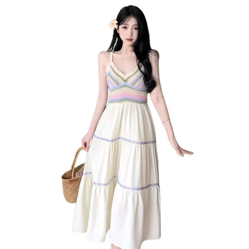 nvxiot - National Trend Pregnant Woman Summer Holiday Dress Sleeveless Knitted Striped Patchwork Chiffon Dress Maternity Beach Clothes