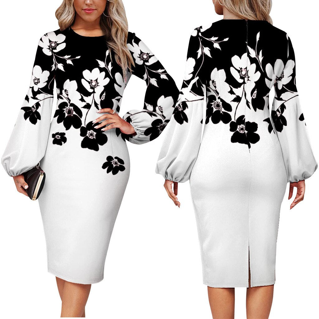 nvxiot Fashion Floral Print Dress Women Elegant O Neck Long Sleeve Party Robes Bodycon Lantern Sleeves African Printed Vestidos Autumn