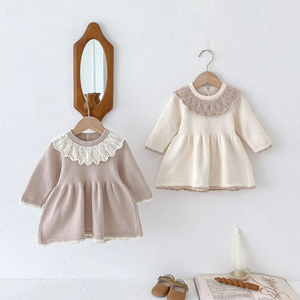 MQTIME - New 2024 Autumn Girl's Knitted Dress Children's Sweet Lotus Leaf Collar Sweater A-line Princess Dress Kid's Clothing