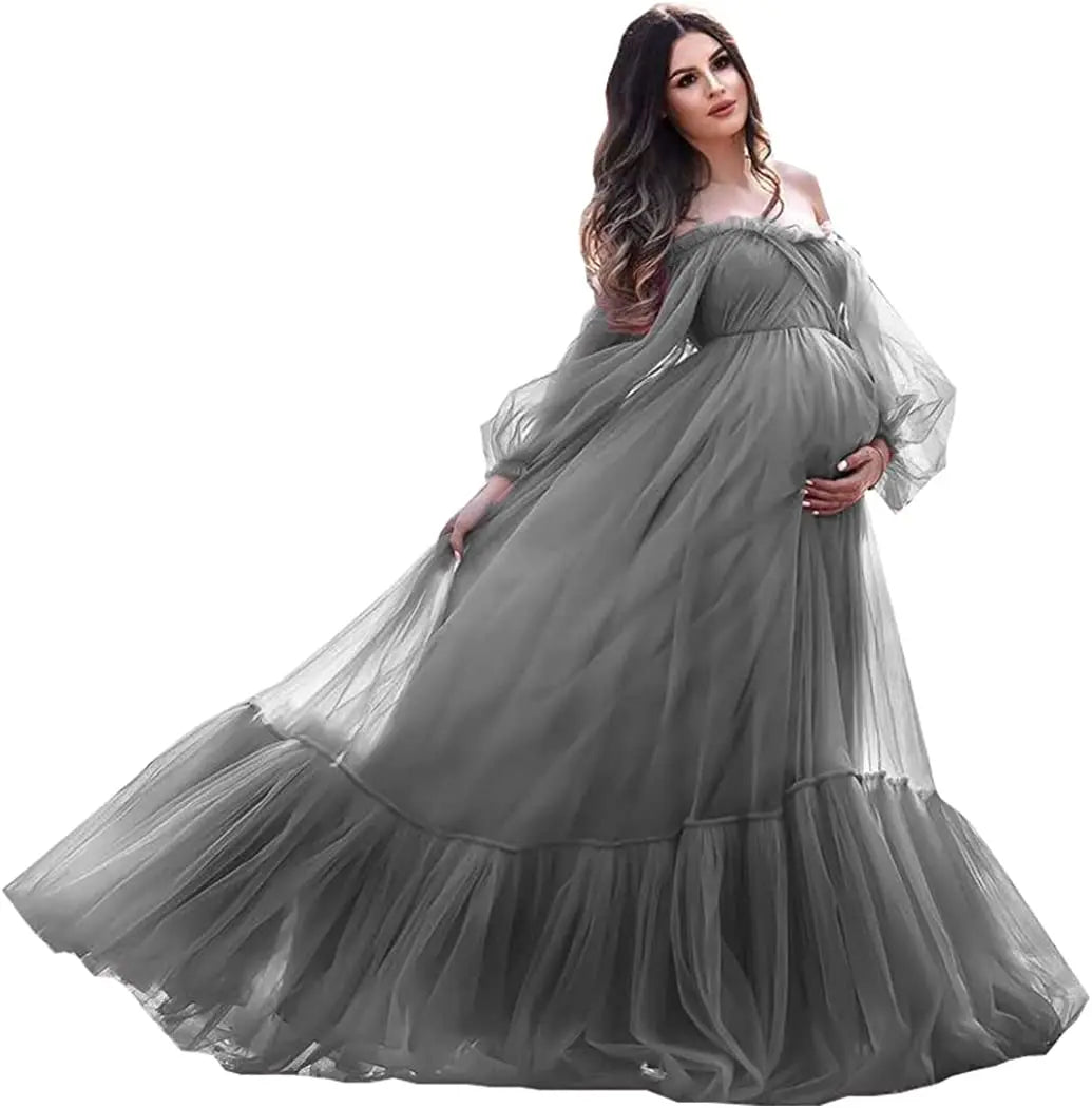 nvxiot - Puffy Sleeve Maternity Dress Tulle Robe With Underskirt for Photoshoot Off Shoulder Pregnancy Baby Shower Gown
