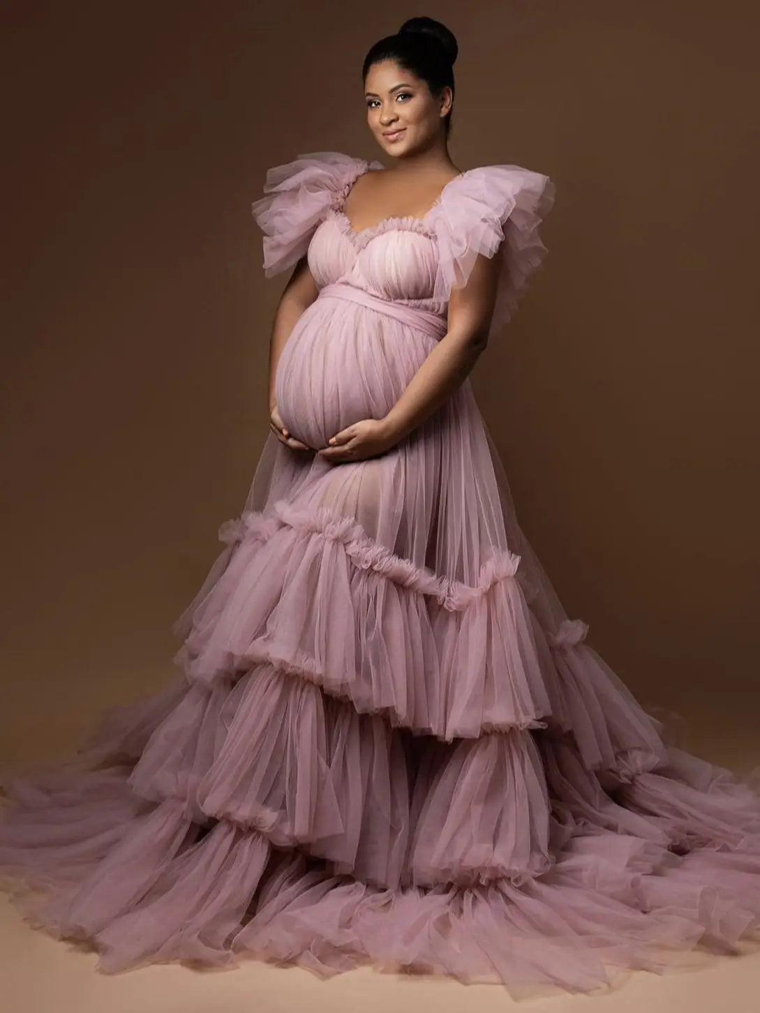 nvxiot - Ruffle Evening Dresses Women's Sweetheart Off Shoulder Pregnancy Bathgown Maternity Custom Made Tulle Robe for Photo Shoot