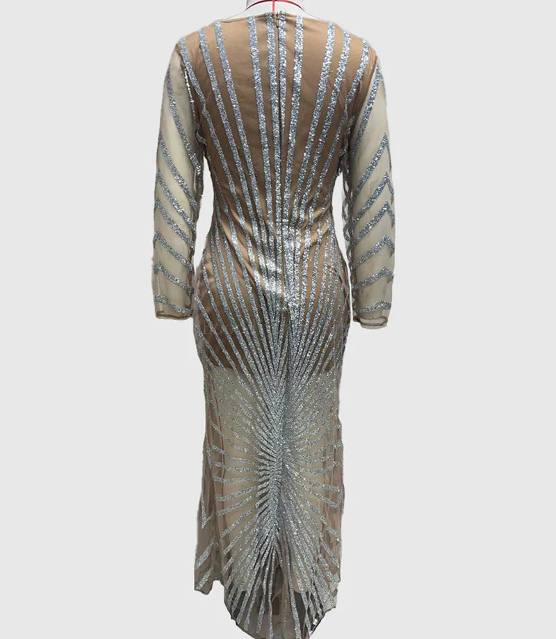 MQTIME - Maternity Photoshoot Dress for Baby Shower Women Sexy Long Sleeve Rhinestone Sheer Mesh Maxi Dress with Side Slit Formal Shoot