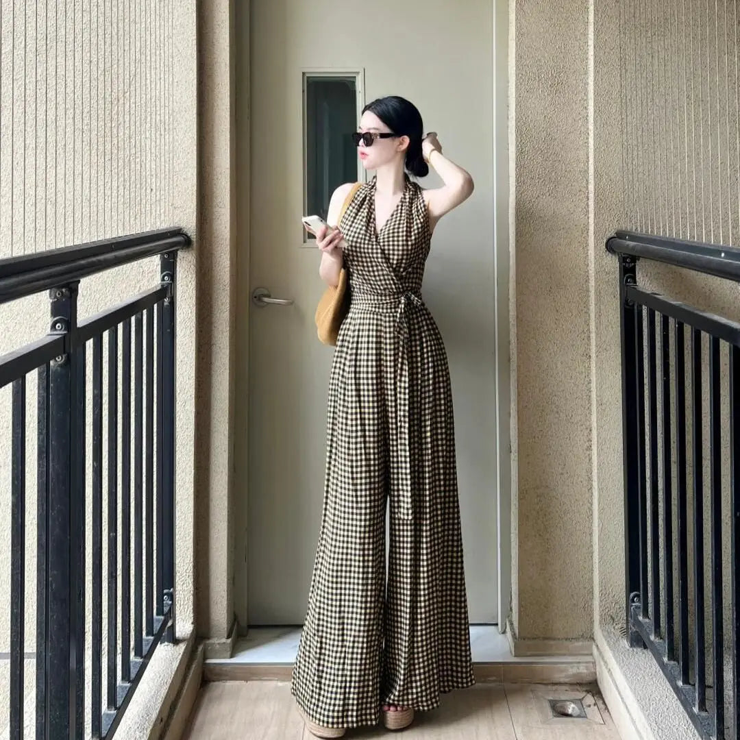 MQTIME - Two Piece Set,Top Pants Suit,Hollow Backless Halter Wrap Tank and Straight Leg Pant,Wide Baggy Long Trouser Women fairycore y2k
