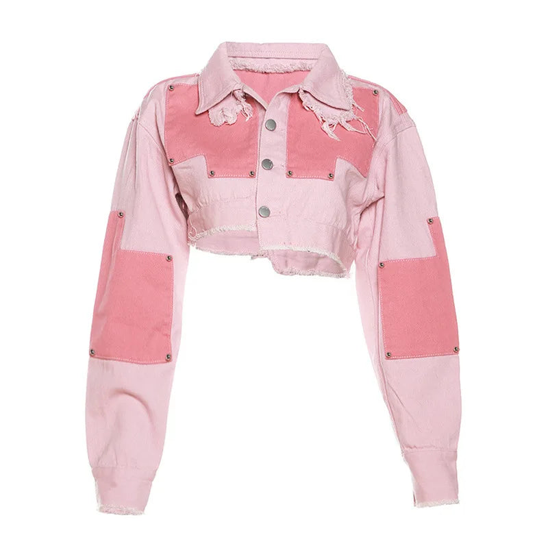 nvxiot - Tassel Color Patchwork Cargo Jeans Jackets Women Fashion Turn Down Collar Long Sleeve Buttons Rivets Asymmetrical Denim Coat
