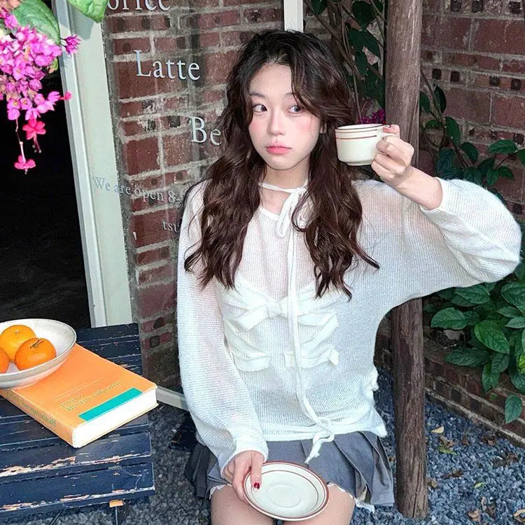 MQTIME - White Bow Slightly Transparent Knitted Long sleeved Cover up T-shirt Women Inner Wear with Straps Camisole Two Piece Set Fashion