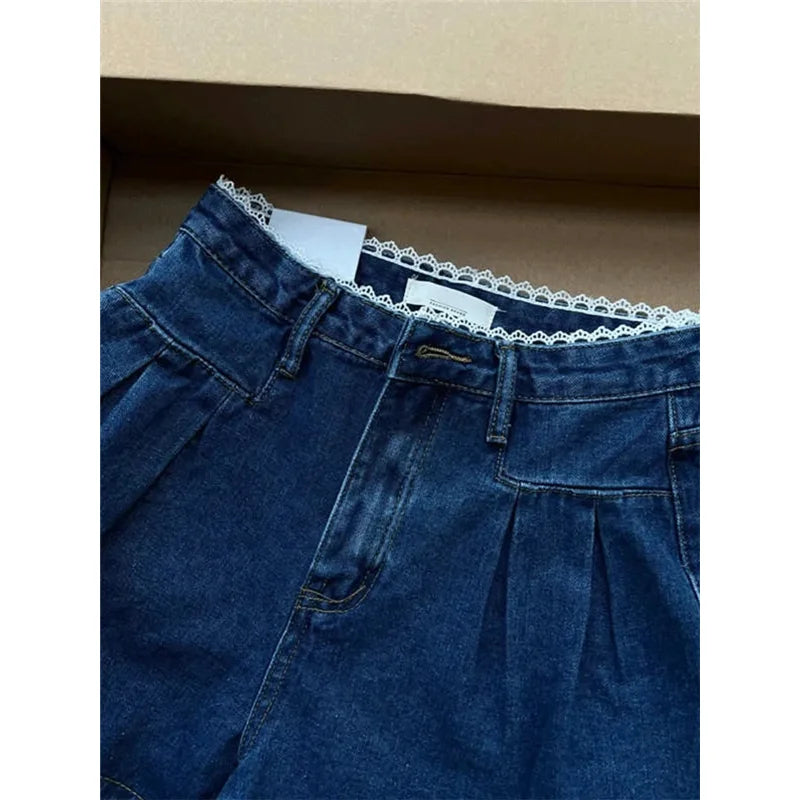 nvxiot - Women's Shorts Summer Dark Blue High Waist Jeans Y2K Straight A Sense of Niche Design Streetwear Vintage Wide Leg Denim Shorts