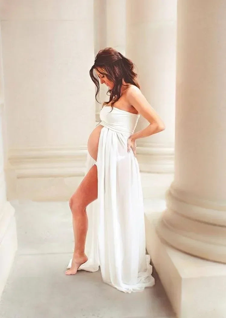 nvxiot - Maternity Summer Leisure Dresses Sexy Shoulderless Photo Shoot Women Front Open Cotton Chiffon Pregnancy Dress Photography Props