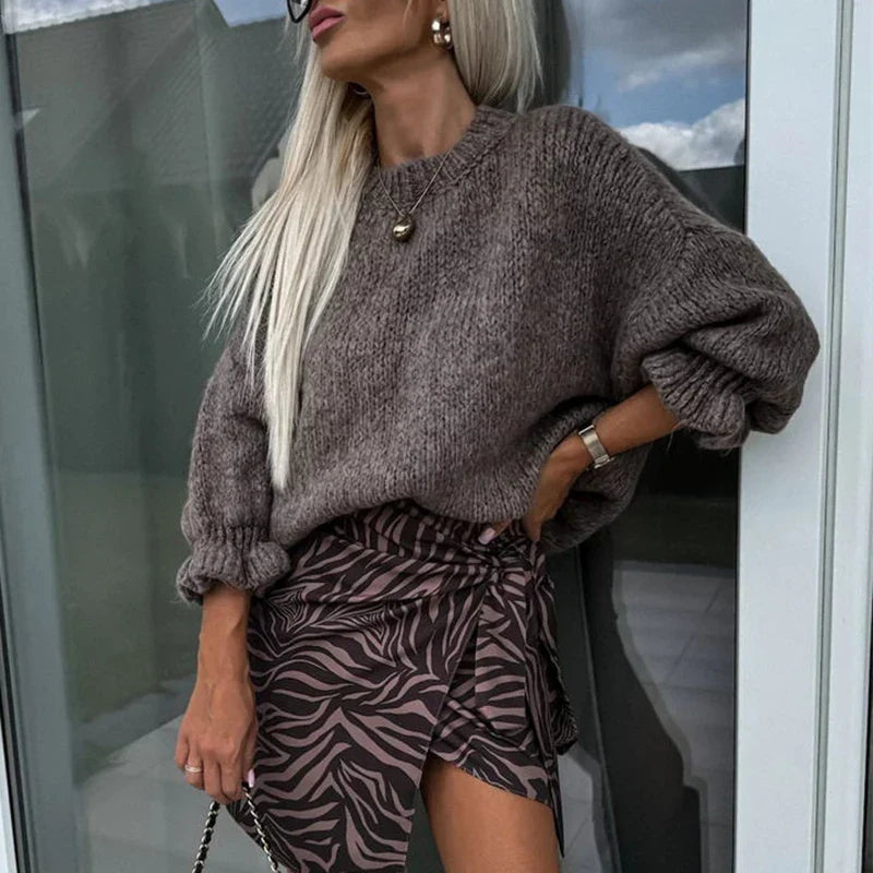 MQTIME - Autumn Casual Loose Commuting Sweater Elegant Women High Street Sweater New Vintage Solid Color O-neck Long Sleeved Knitted Top
