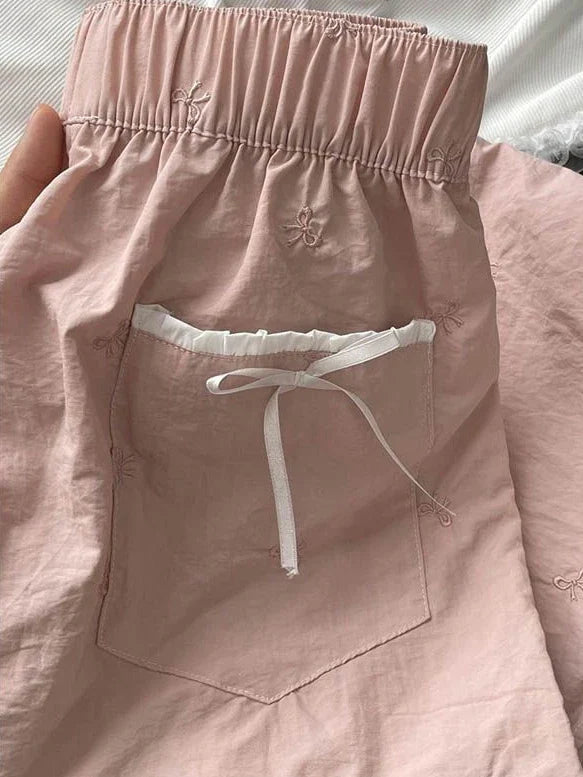 MQTIME - Embroidered Bow Elastic Waistband Straight Leg Light Blue Women's Pants 2024 #korean woman cloth summer y2k e-girl fairycore 00s
