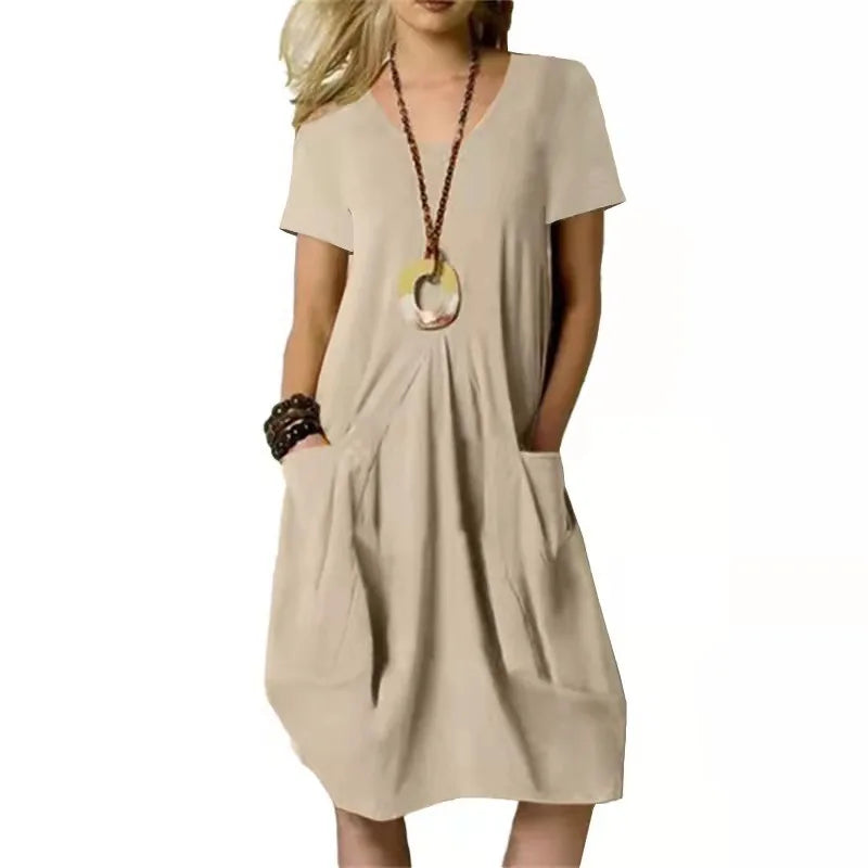 MQTIME - Summer New Cotton And Linen Solid Color Loose Round Neck Short-sleeved Dress Casual Style Long Dress