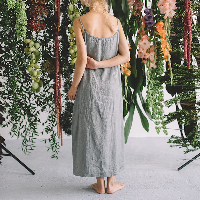 nvxiot Casual Loose Cotton Linen Women'S Dresses Summer Sexy Spaghetti Strap Sleeveless Harajuku Long Midi Party Club Dress