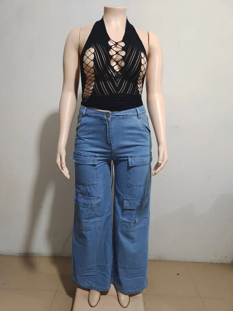 nvxiot - Streetwear Fashion Cargo Jeans Wide Leg Pants Women Multi Pockets High Waist Button Fly Loose Casual Denim Trousers Bottoms