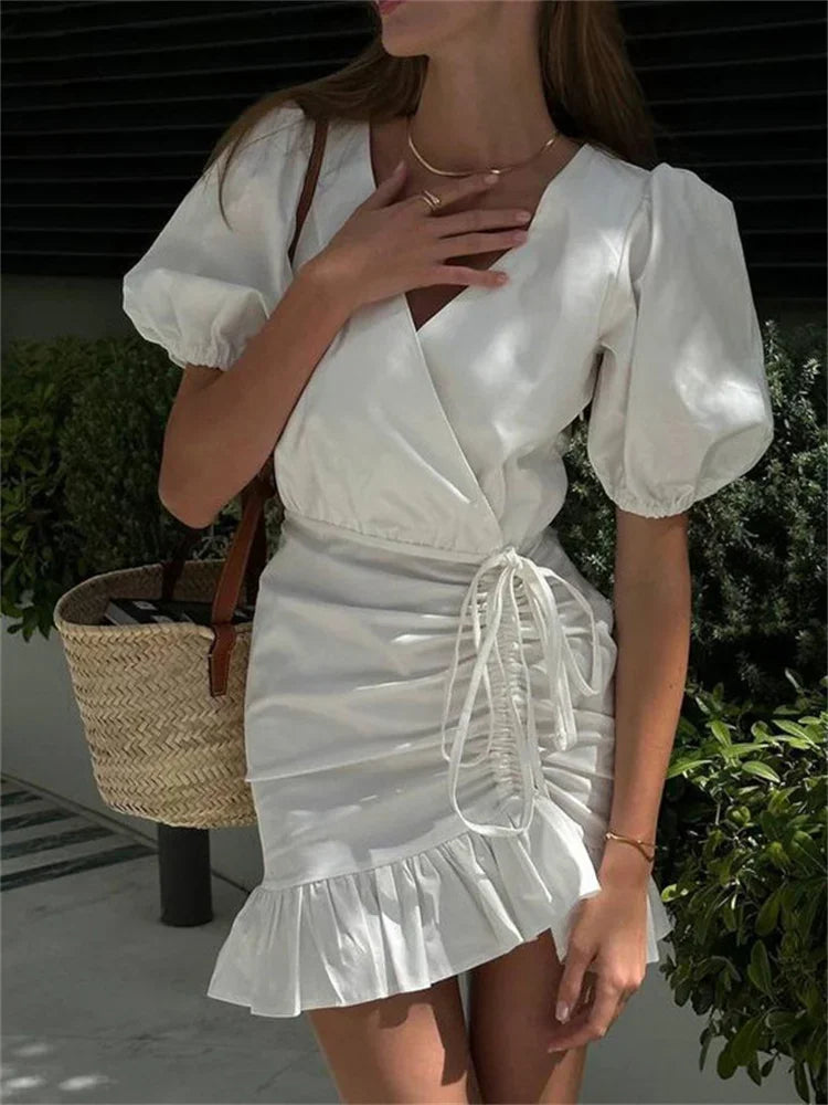 nvxiot - Drawstring V-Neck Sexy Mini Dress Female Ruffled Short Sleeve Patchwork Lace-Up White Dress Women's Bandage Party Dress