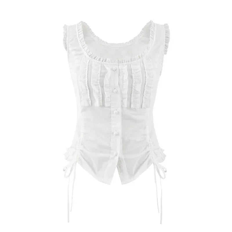 MQTIME - 2024 New Summer Pure White Sleeveless Vest-style Lace-up Round Neck Lace Drawstring Y2k Top With A T-shirt Inside And A Bottom