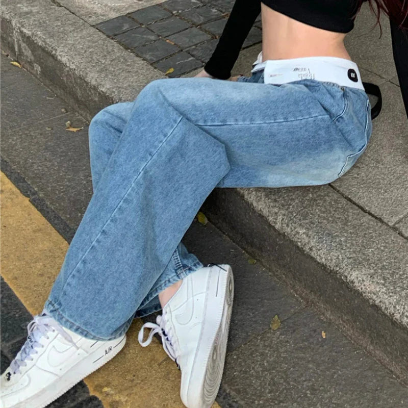 nvxiot Korean Letter Printed Loose Y2K Casual Jeans Women Spring New High Waist Flap Fashion All-match Wide Leg Pants